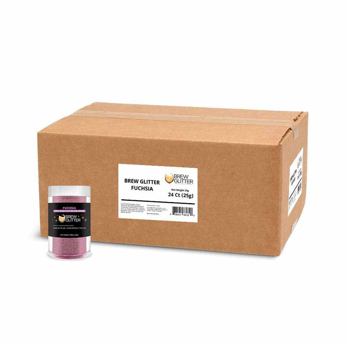 Front View of a 50 gram Jar of Fuchsia Edible Glitter for Drinks, with a Wholesale Box Behind It | bakell.com