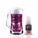 Front view of a beer mug filled with a drink and Fuchsia Edible Glitter Spray, and a spray glitter bottle to the right. | bakell.com