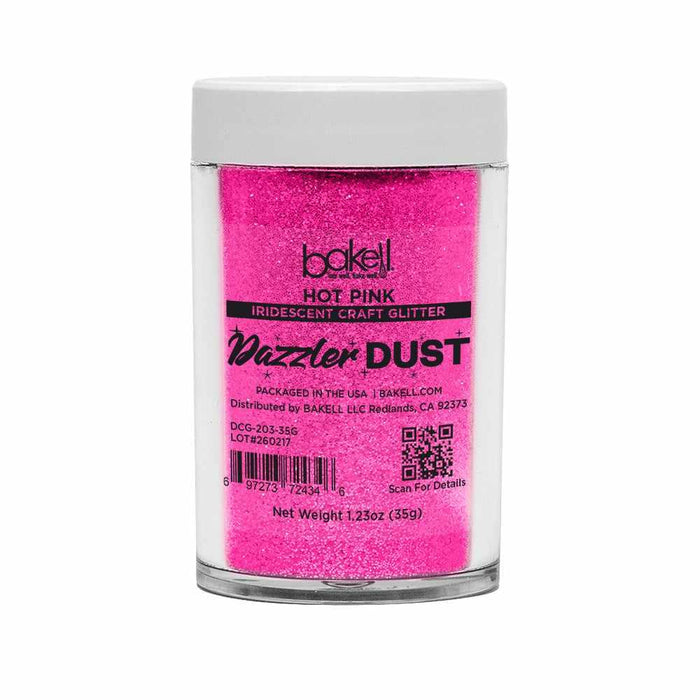 35g jar of Bakell Hot Pink Dazzler Dust, UV reactive iridescent craft glitter.