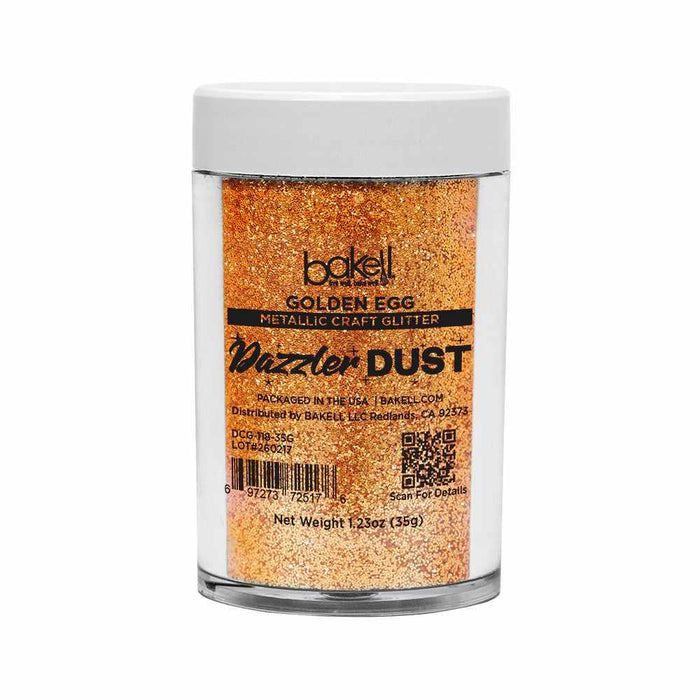 Bakell Golden Egg ultrafine metallic craft glitter in a clear jar with white lid.