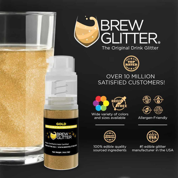 Gold Brew Glitter edible drink glitter pump next to a glass of sparkling beverage.