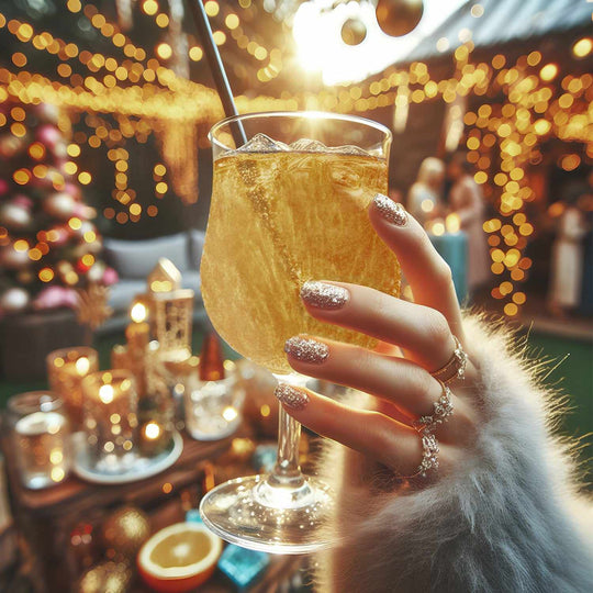 Hand holding a glass of sparkling gold beverage with glitter, set against a festive, bokeh-lit background.