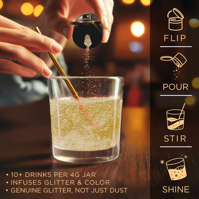 Gold Brew Glitter being sprinkled into a glass cocktail, showing flip, pour, stir, and shine instructions.