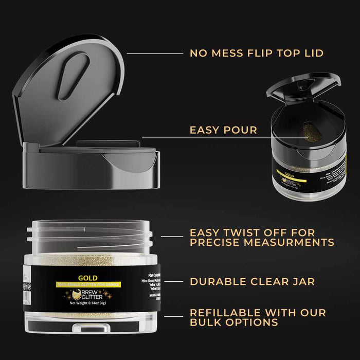 Gold Brew Glitter in a clear 4g jar with a black flip-top lid, featuring easy-pour design and refillable packaging.