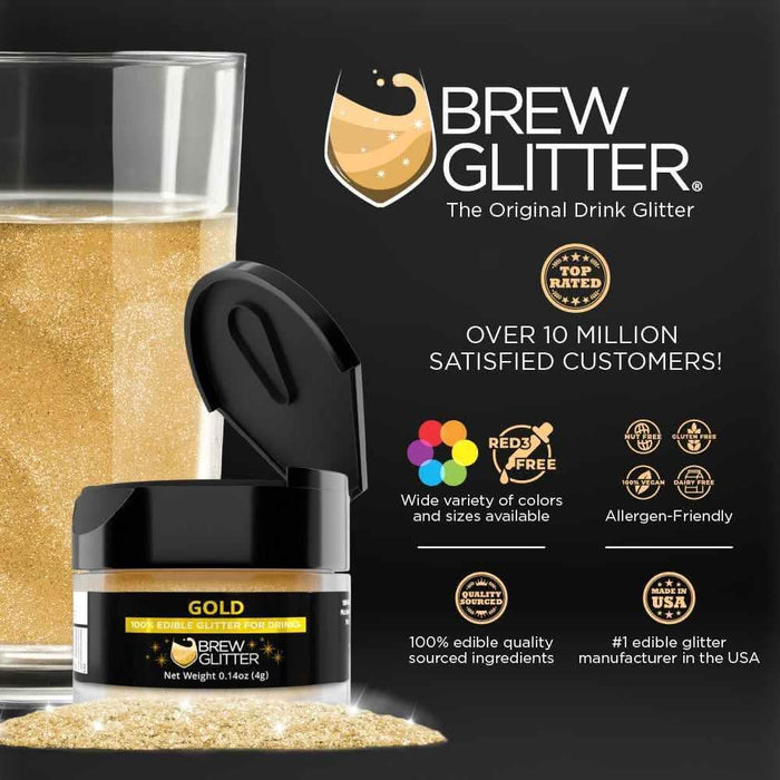 Gold Brew Glitter jar next to a shimmering drink, highlighting product features and brand logo.