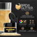 Gold Brew Glitter jar next to a shimmering drink, highlighting product features and brand logo.