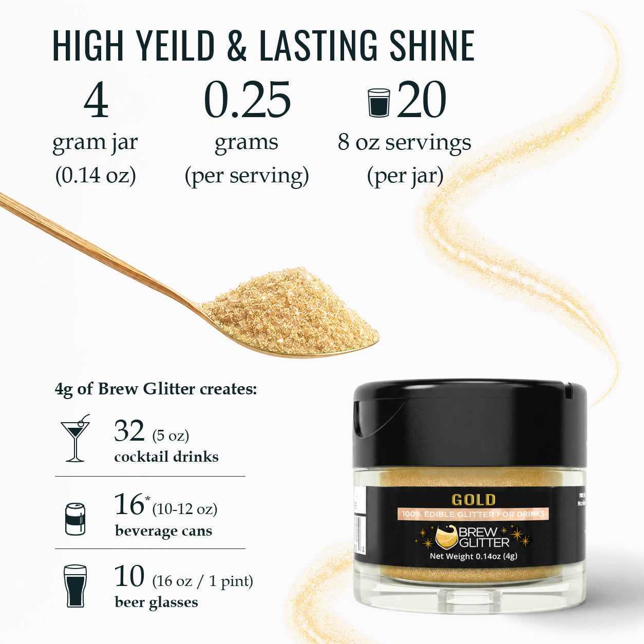 Gold Brew Glitter jar with a spoon of edible gold powder and serving yield statistics for drinks and cocktails.