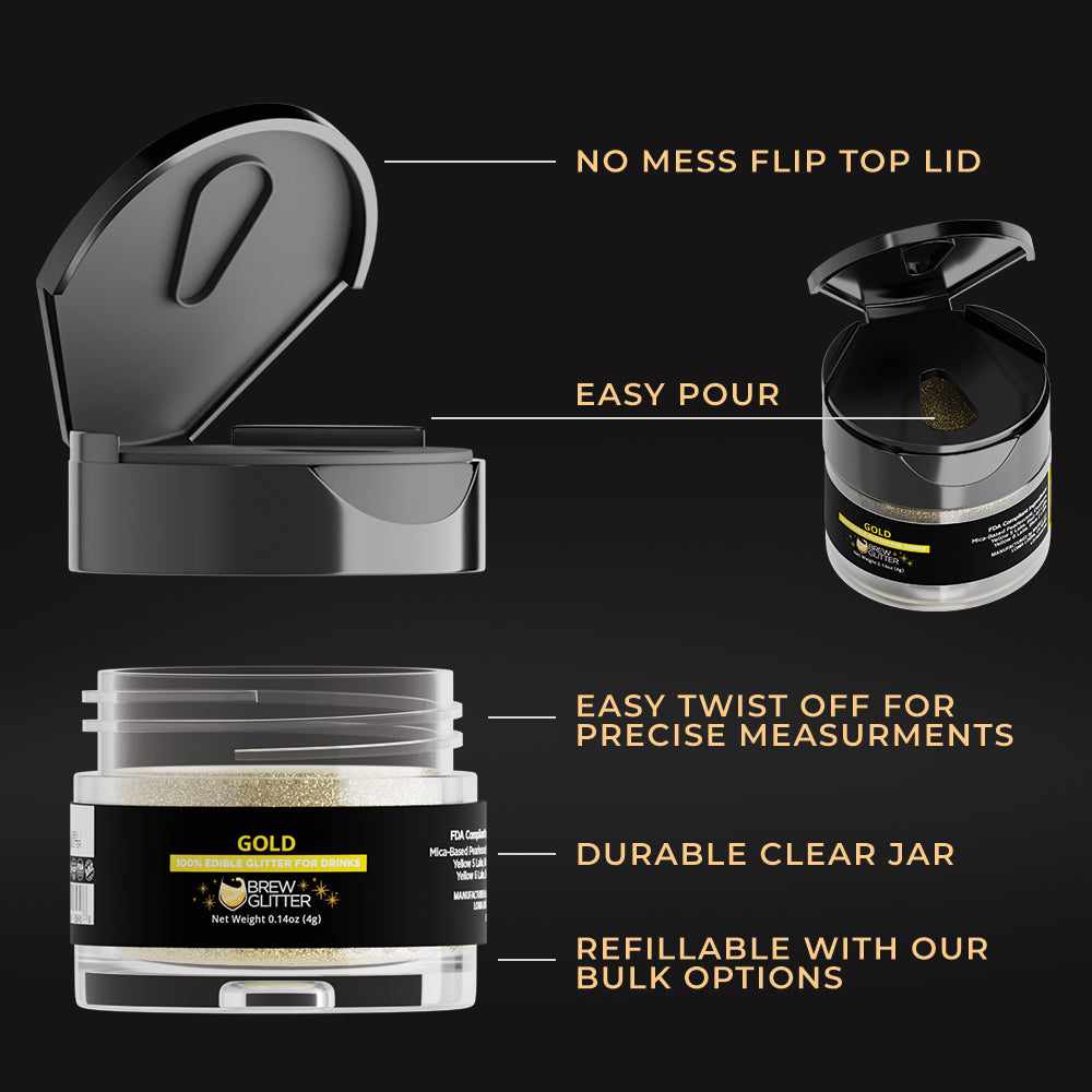 Gold edible drink glitter in a 4g clear jar with a no-mess flip-top lid and easy-pour design for precise measurements.