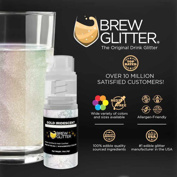 Gold Iridescent Brew Glitter mini spray pump next to a glass of shimmering drink.