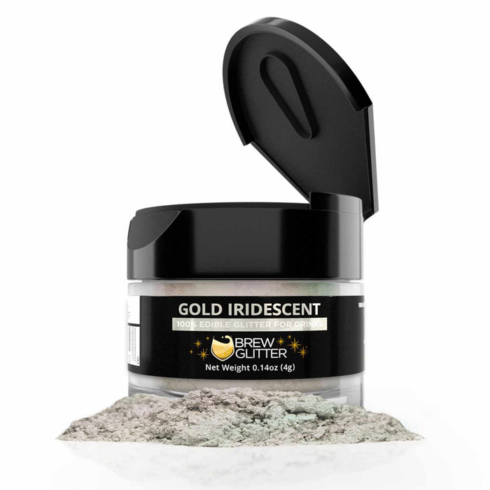 4g jar of Gold Iridescent Brew Glitter with a black lid and a pile of shimmering, edible holographic powder.
