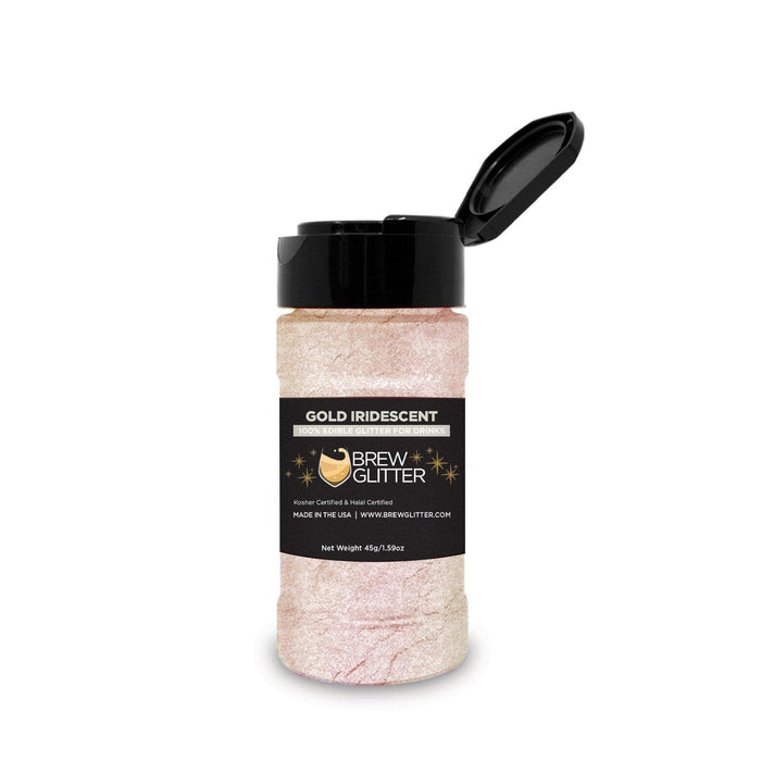 45g bottle of gold iridescent edible drink glitter with a black flip-top lid and Brew Glitter brand label.