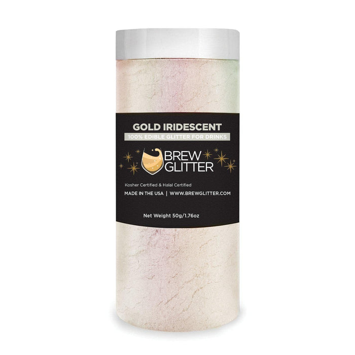 50g jar of Gold Iridescent Brew Glitter with holographic rainbow shimmer for edible drink decoration.