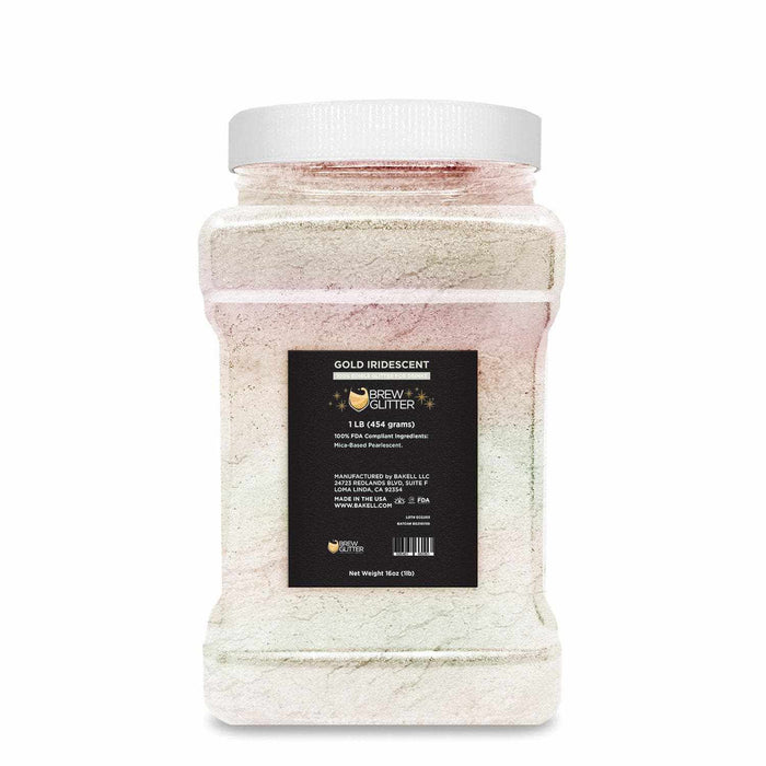 One-pound jar of Gold Iridescent Brew Glitter with a black label and white screw-top lid on a white background.