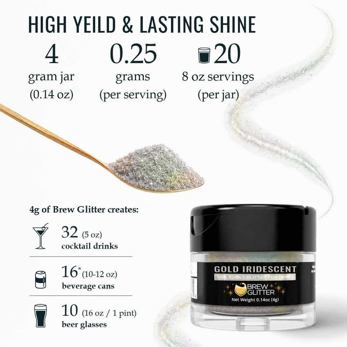 Gold iridescent edible drink glitter in a 4g jar with a spoonful of holographic powder and usage yield statistics.