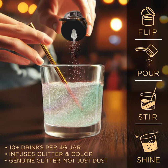 Hand pouring iridescent holographic edible glitter into a glass of liquid with a gold stirring straw.
