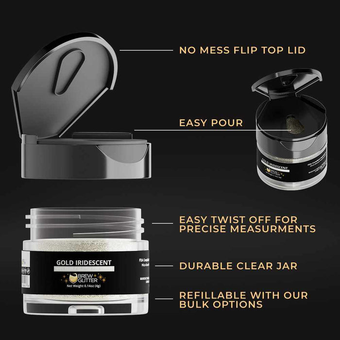 Gold Iridescent Brew Glitter in a clear jar with a black flip-top lid, showing easy-pour and refillable design features.