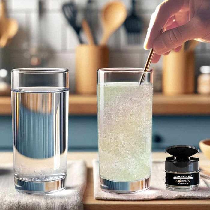 Hand stirring gold iridescent Brew Glitter into a glass of water, creating a shimmering, holographic effect.