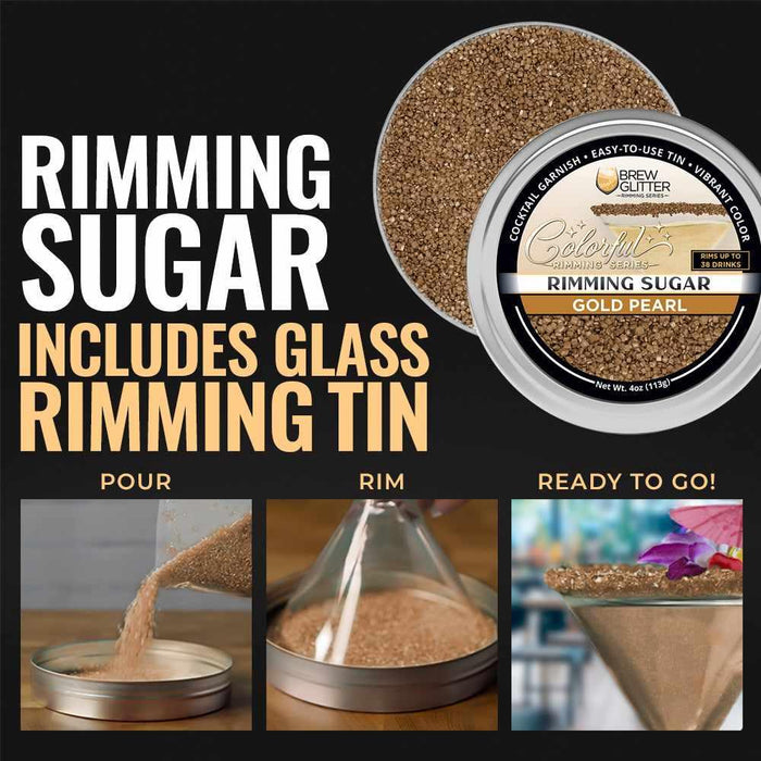 Gold Pearl cocktail rimming sugar in a 4oz tin with instructions for pouring, rimming a glass, and serving a finished drink.