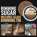 Gold Pearl cocktail rimming sugar in a 4oz tin with instructions for pouring, rimming a glass, and serving a finished drink.