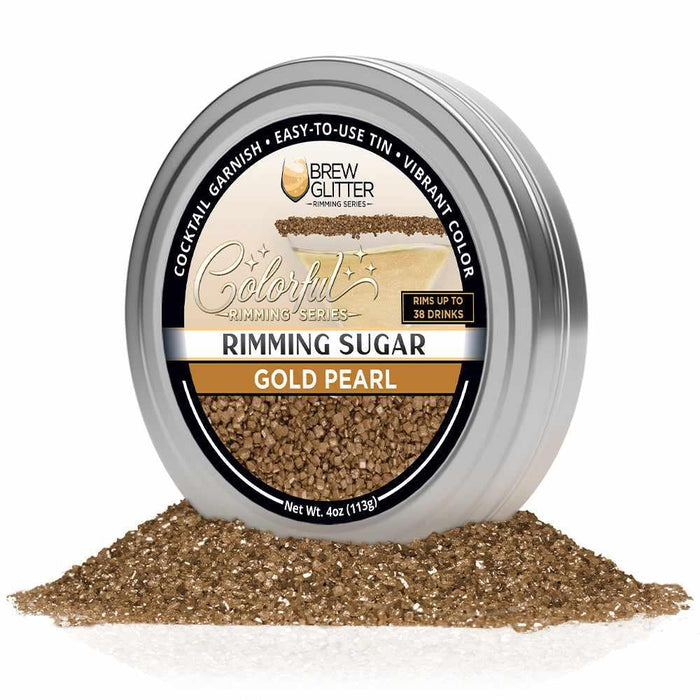 Round tin of Gold Pearl cocktail rimming sugar with a pile of shimmering brown sugar crystals in front.