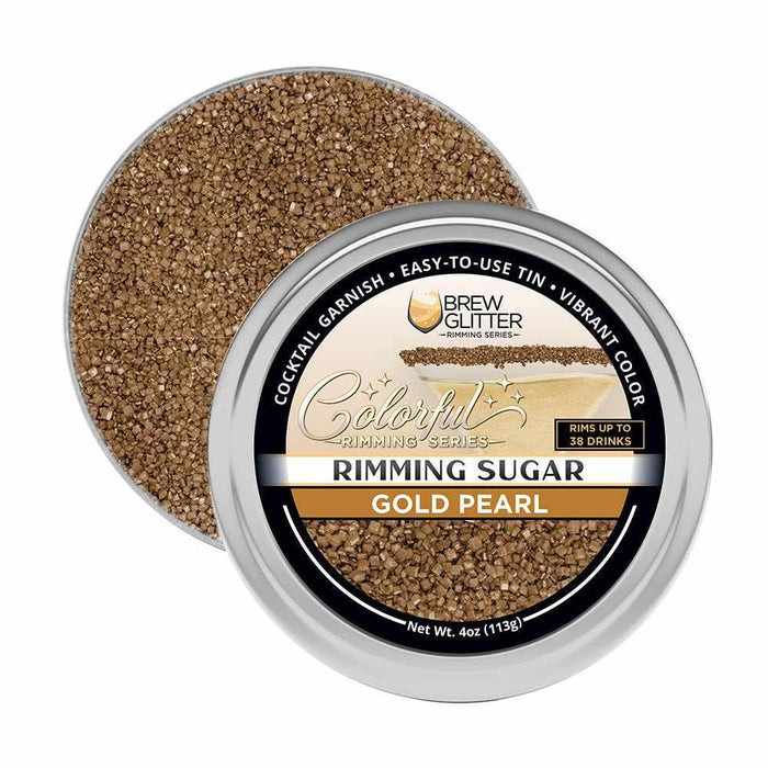 Open tin of shimmering gold pearl cocktail rimming sugar with branded label.