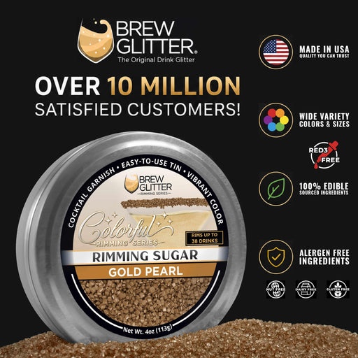 Gold Pearl cocktail rimming sugar in a 4oz tin with a black label, featuring a metallic finish and edible sugar crystals.