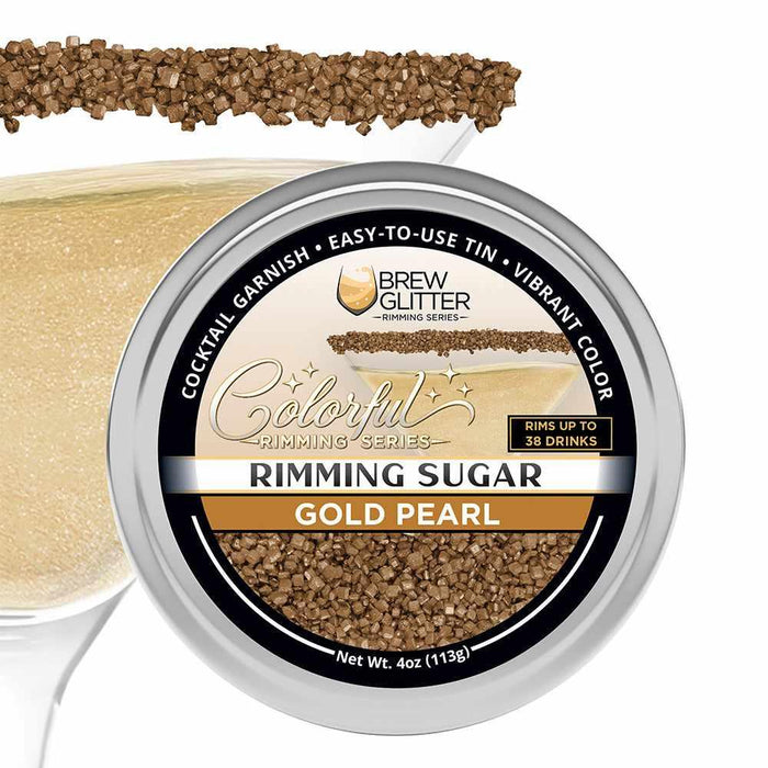 4oz tin of Gold Pearl cocktail rimming sugar with a decorative glass rim garnish.
