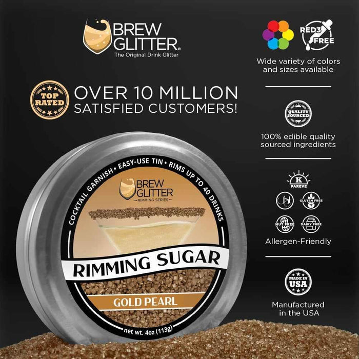 Brew Glitter Gold Pearl Rimming Sugar in a round, silver tin, showing edible sugar crystals.