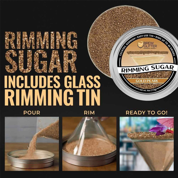 Gold Pearl Rimming Sugar in a tin, with steps showing how to pour, rim a glass, and a finished cocktail.