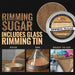 Gold Pearl Rimming Sugar in a tin, with steps showing how to pour, rim a glass, and a finished cocktail.