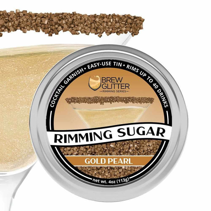 Gold Pearl Cocktail Rimming Sugar in a 4oz tin, garnishing a martini glass.