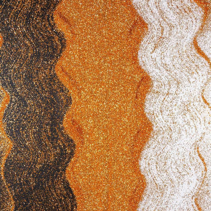 Wavy lines of Golden Egg ultrafine UV reactive metallic craft glitter, black, and white Dazzler Dust.