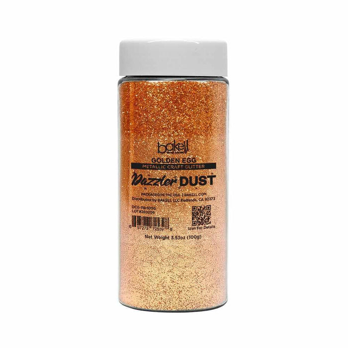 Bakell Golden Egg ultrafine metallic craft glitter in a clear 100g jar with a white lid.