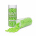 Krazy Sprinkles green 4mm edible sprinkle beads in two clear containers, one upright, one spilled.