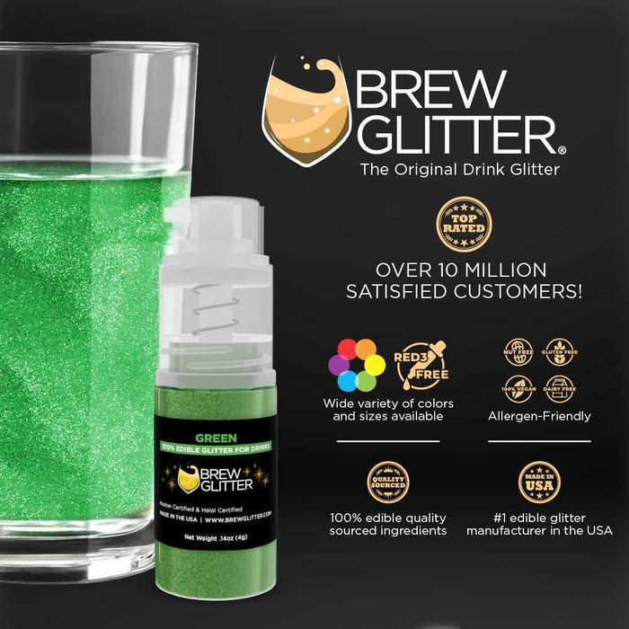 Green Brew Glitter mini spray pump next to a glass of green glittered beverage.