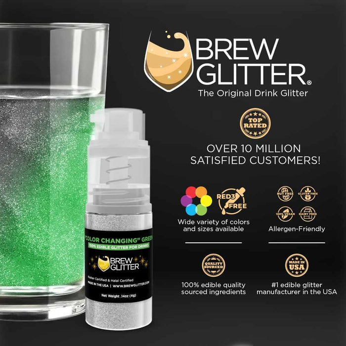 Green color-changing beverage glitter in a mini spray pump next to a sparkling drink.