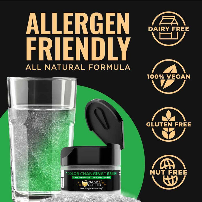 Green Color Changing Brew Glitter next to a glass of water, with allergen-friendly icons.