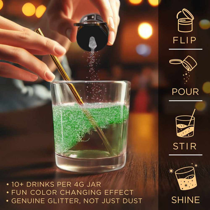 Hand pouring white color-changing brew glitter into a glass of liquid, turning it sparkling green.