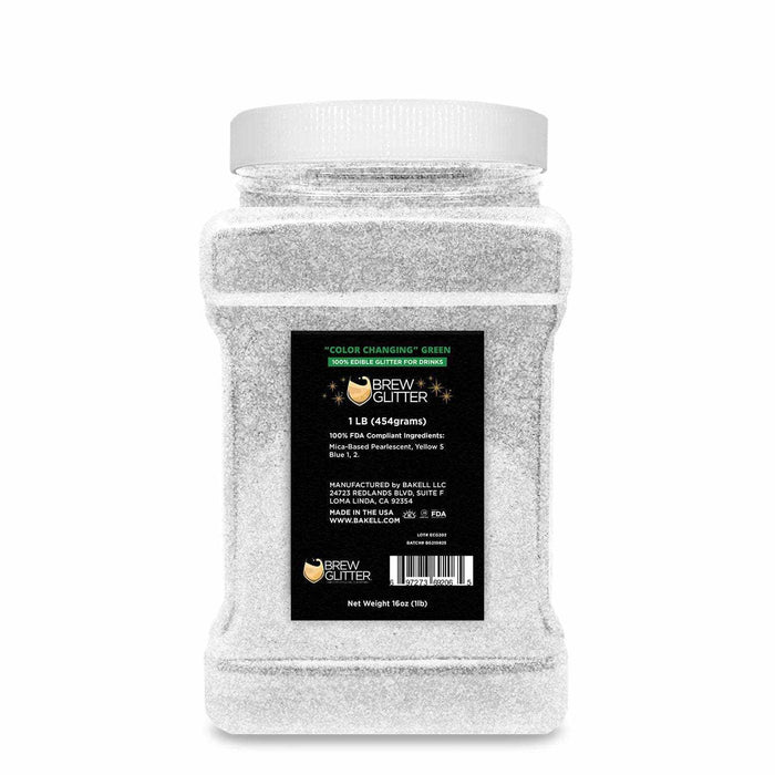 1 lb container of white color-changing green edible Brew Glitter for drinks.