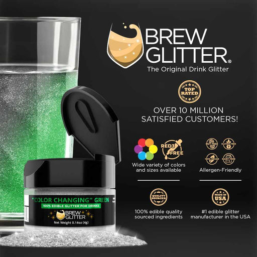 Green Color Changing Brew Glitter in a black jar next to a glass of sparkling green drink.