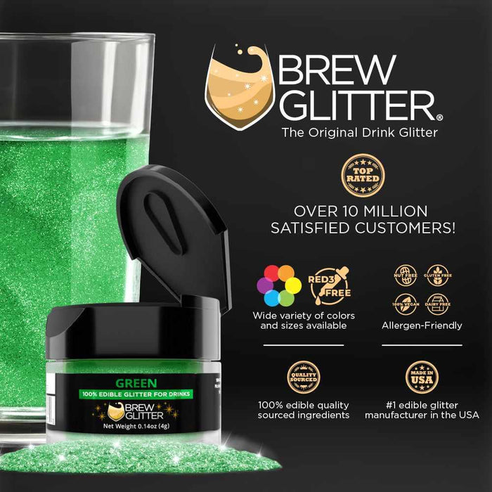 Small black jar of Green Brew Glitter with a drink and product features on a dark background.