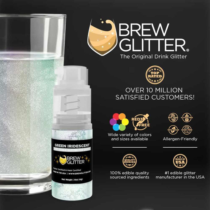 Green iridescent edible beverage glitter in a mini spray pump next to a glass of water.