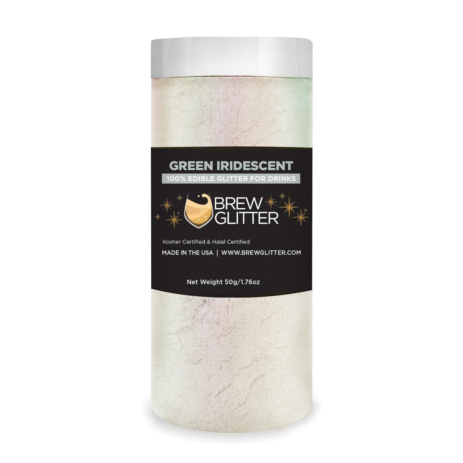 Green iridescent edible brew glitter in a clear shaker jar, 50g.