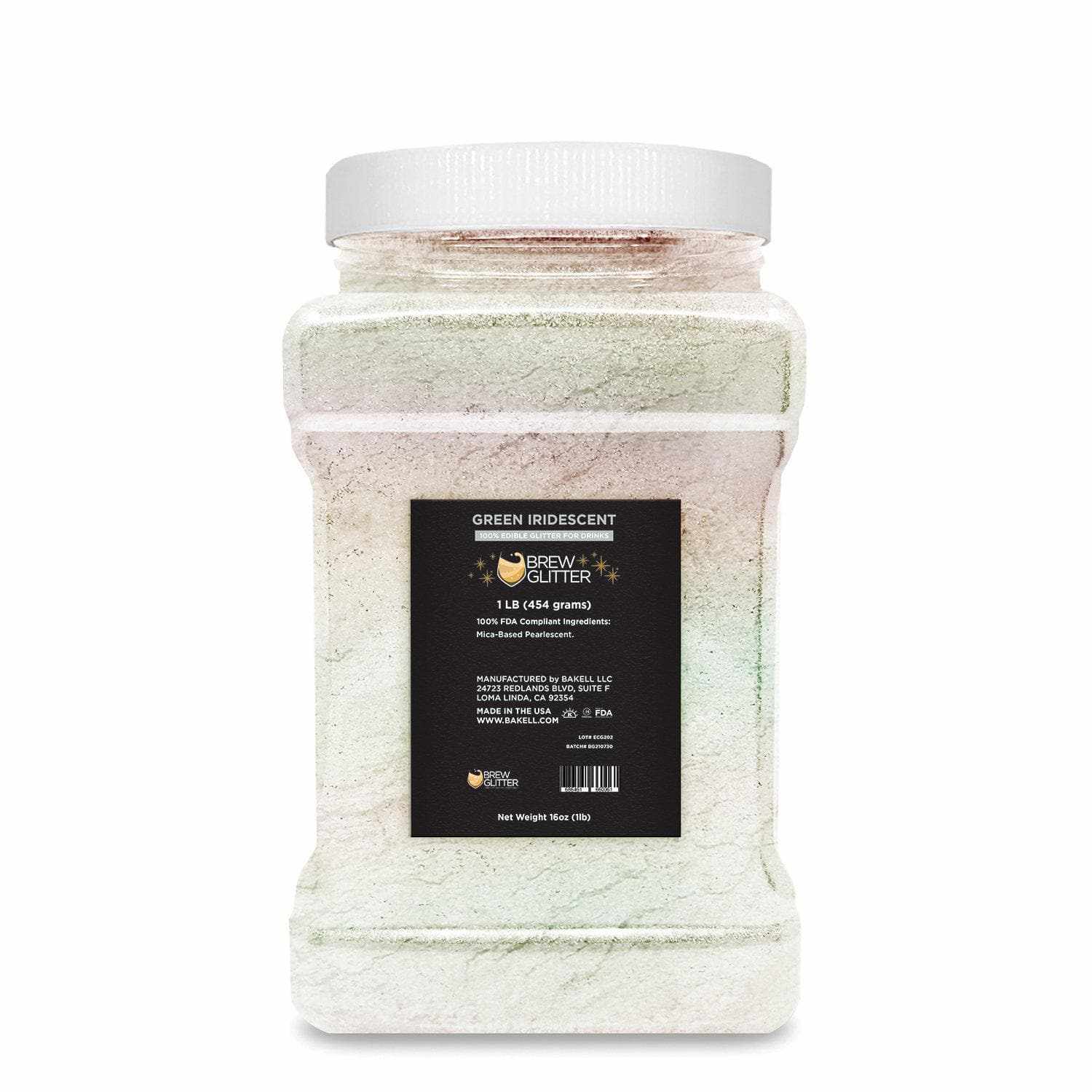 1lb container of green iridescent Brew Glitter with a white lid, showing label details.
