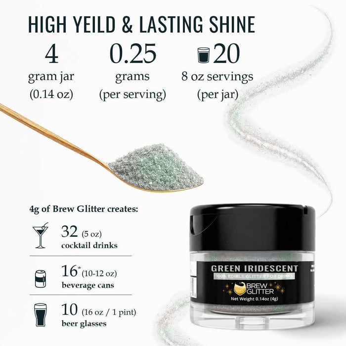 Green iridescent edible Brew Glitter jar with serving yield chart and a spoonful of sparkling green powder.