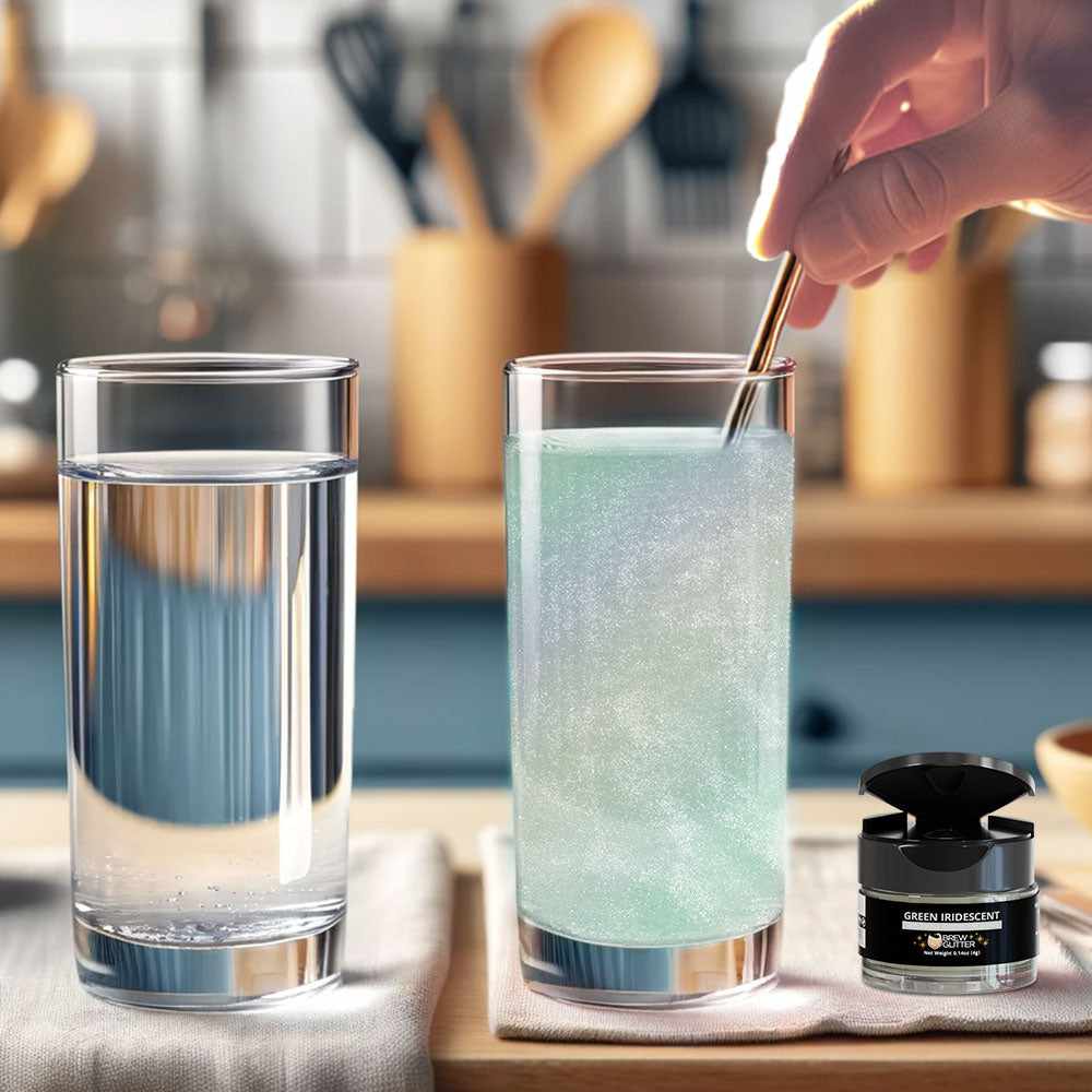 Hand stirring green iridescent brew glitter into a clear glass of water next to an untouched glass.