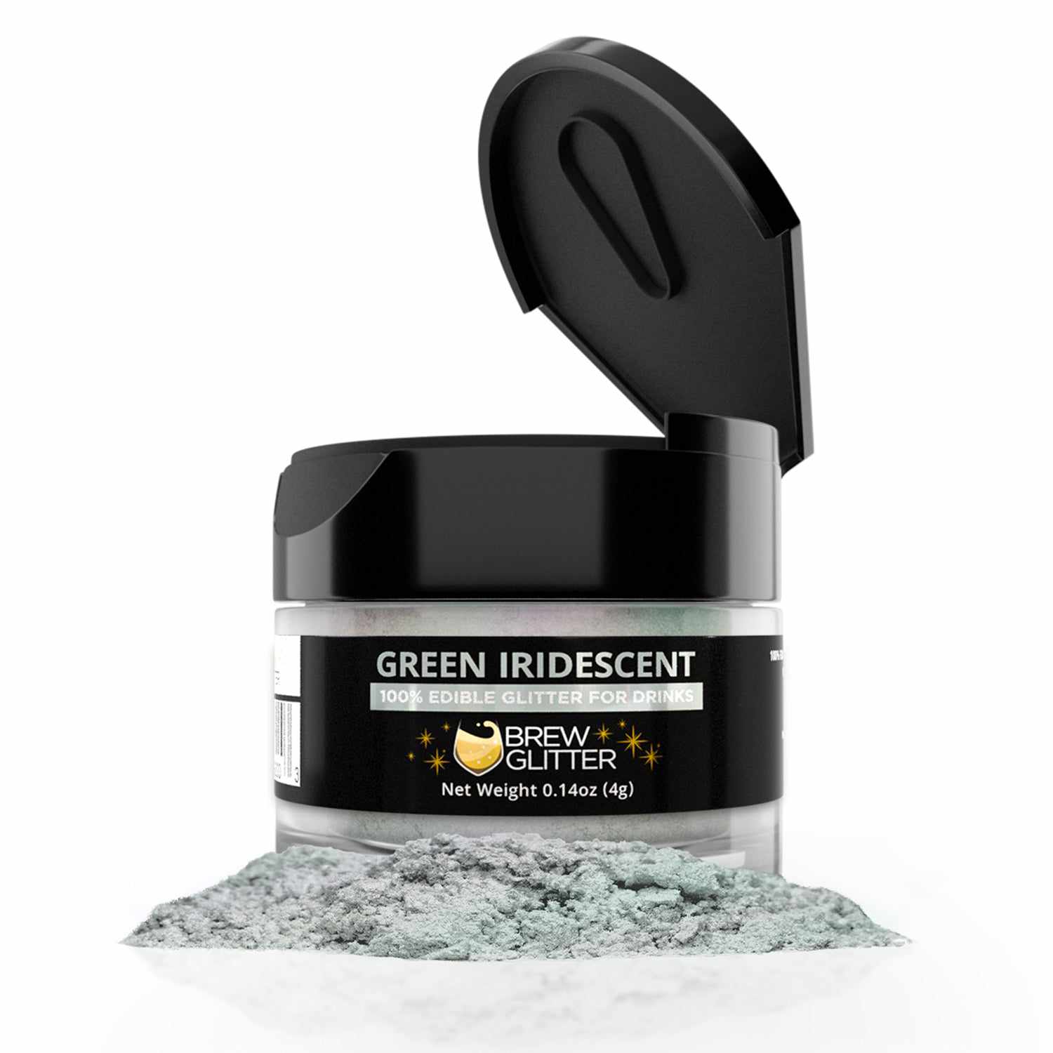 Green Iridescent Brew Glitter in a 4g jar with an open black lid, next to a pile of glitter.