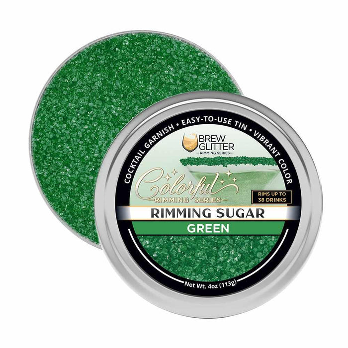Vibrant green cocktail rimming sugar in a round 4oz metal tin with a branded label for easy drink garnishing.