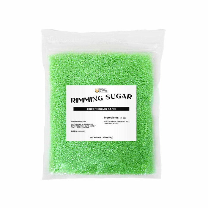 One pound bag of vibrant green cocktail rimming sugar with a Brew Glitter label on a white background.