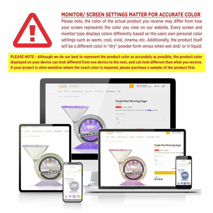 Purple pearl cocktail rimming sugar displayed on various digital device screens including a monitor, tablet, and smartphone.